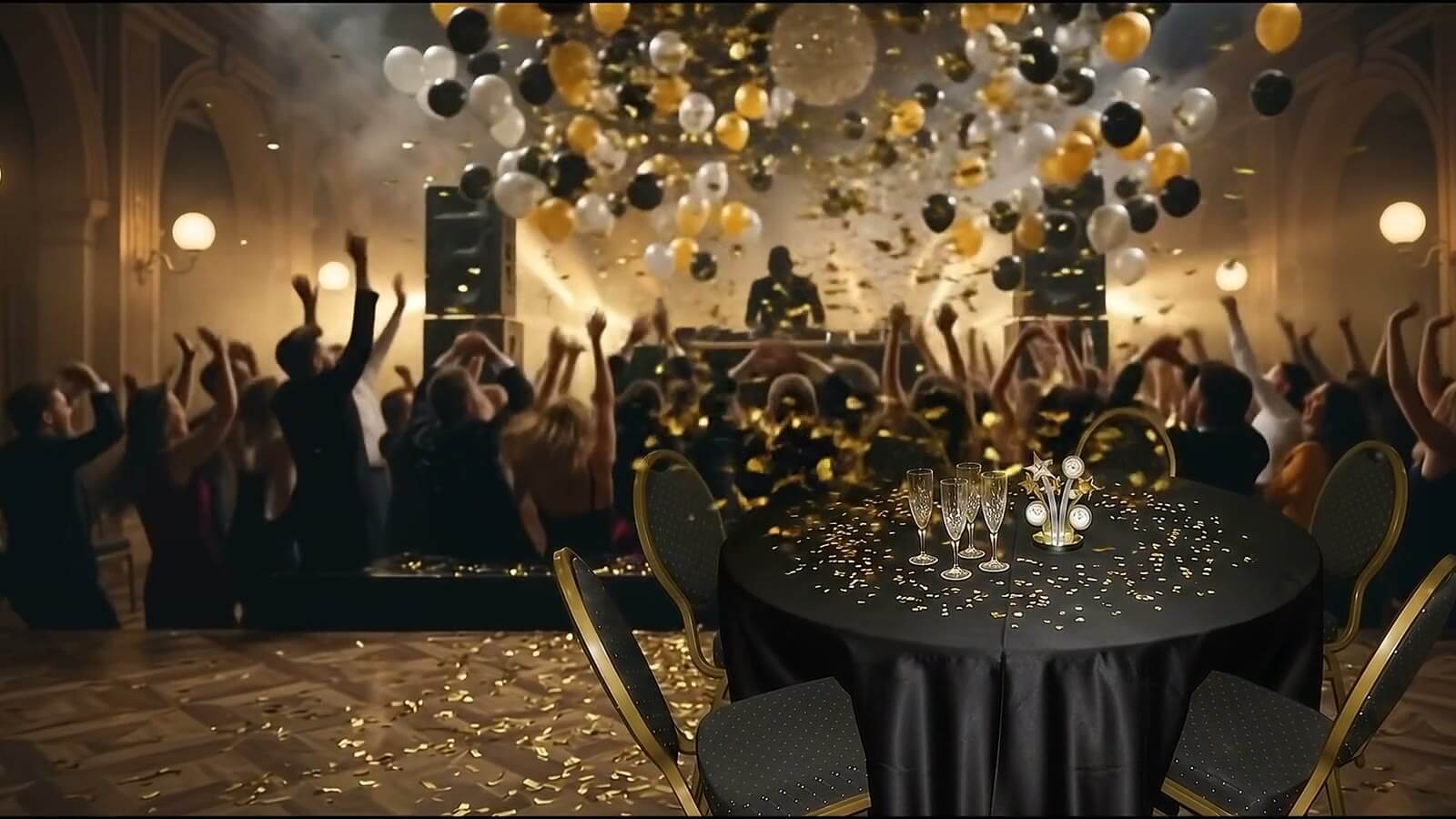 Balloons and gold confetti fall over a reserved VIP table at midnight, with a DJ on stage behind the crowd