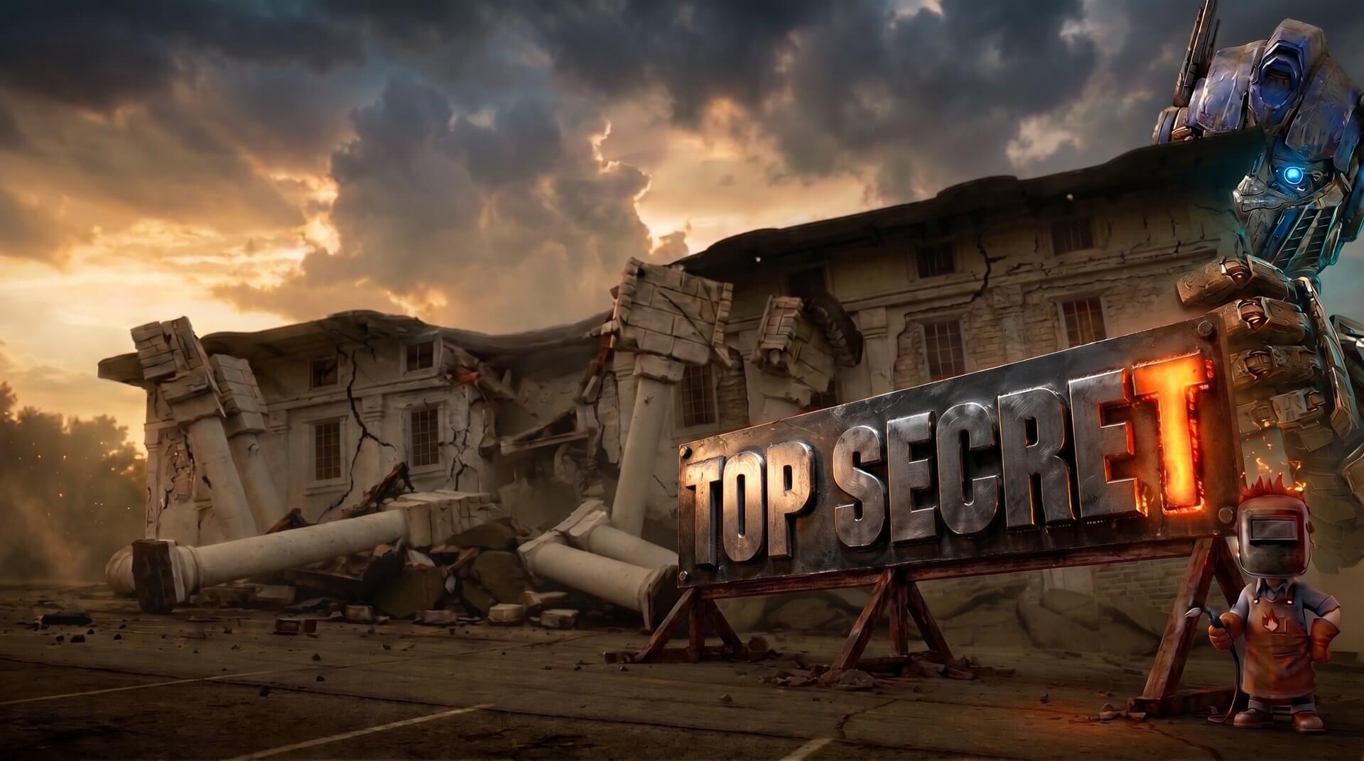 The upside-down White House after it crashed, with the steel Top Secret sign, Little Hades the welder, and a giant metal robot peeking around the corner