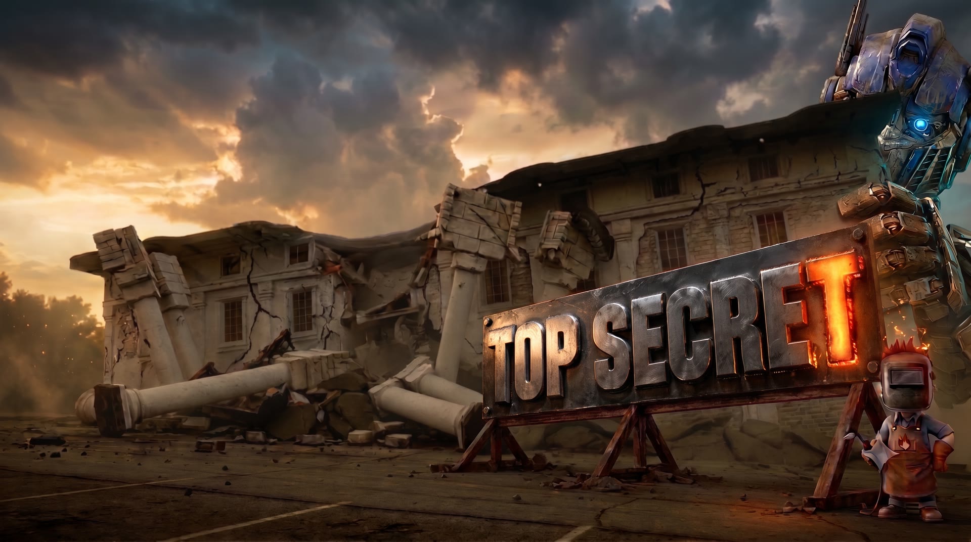 The upside-down White House after it crashed, with the steel Top Secret sign, Little Hades the welder, and a giant metal robot peeking around the corner