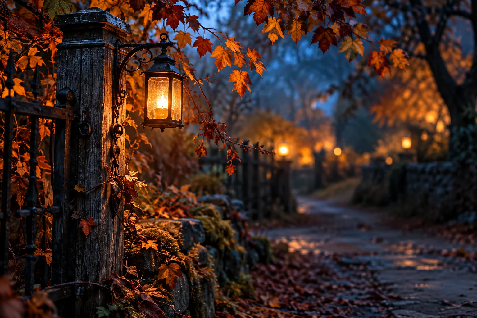 A softly blurred lantern and path suggesting Ghost Outpost without revealing its building