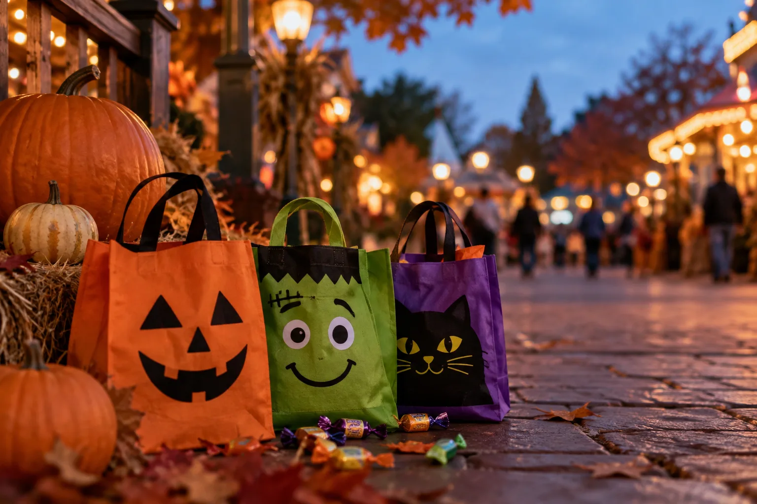 Trick-or-treat bags along a lantern-lit autumn walkway