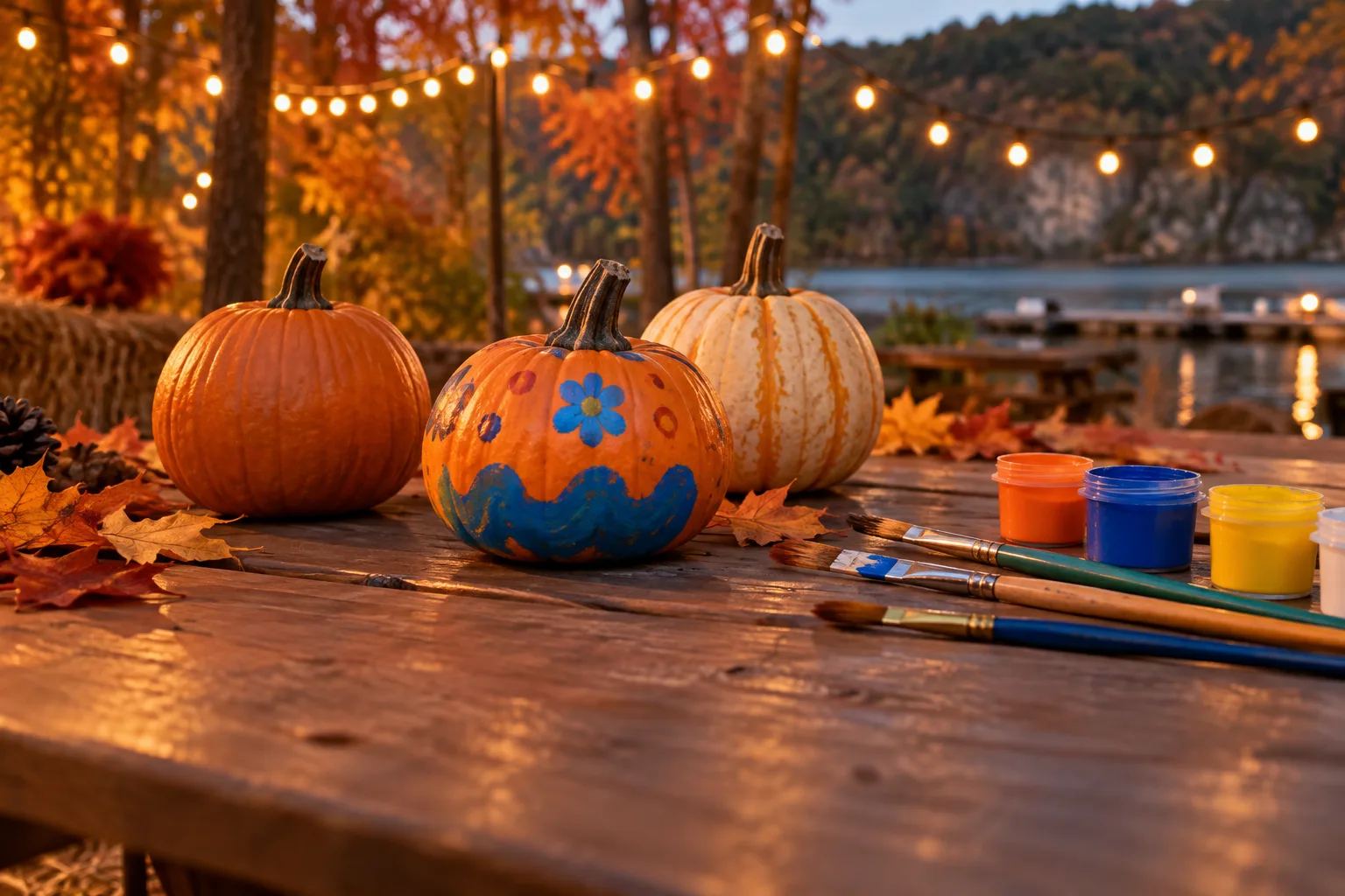 Pumpkins, paint pots and brushes ready for pumpkin painting